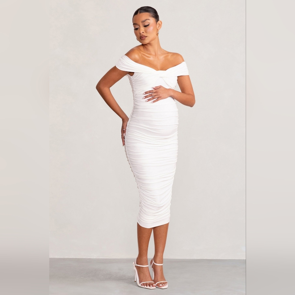Club L London Perfection Bardot Knot Ruched Maternity Dress